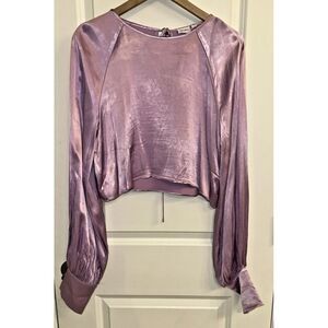 Grey Lab Women Size Medium Long Balloon Sleeve Tie-Back Crop Top Purple Satin